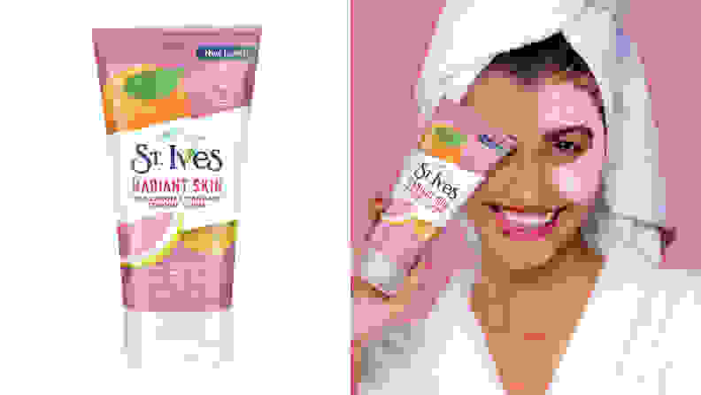On the left: A pink squeeze tube of a skin scrub. On the right: A person wearing a robe and a towel on their head holds up the scrub bottle to cover their eye.