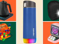 Kettle, toy, water bottle, pixel art machine, and hat on green, red, and beige backgrounds