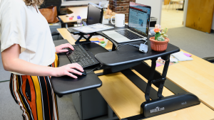 Photo of a Reviewed journalist working at a standing desk.