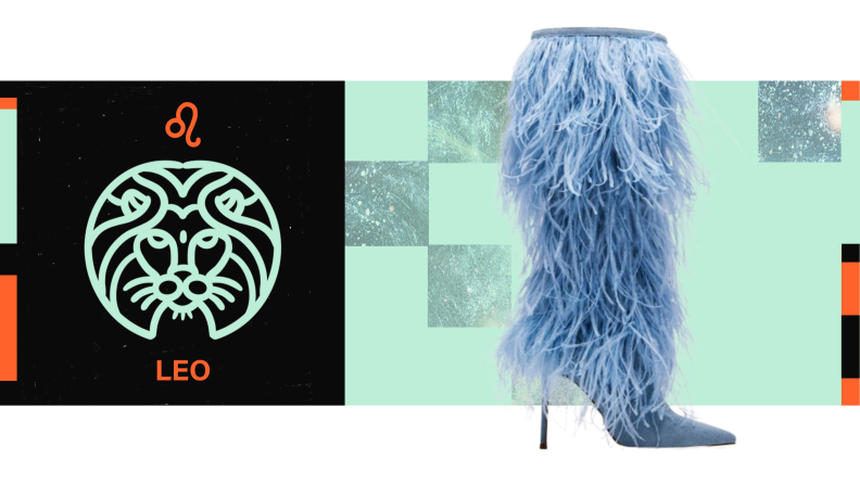 On the left is the symbol for Leo, and on the right is a knee-high blue boot with blue feathers along the shaft.
