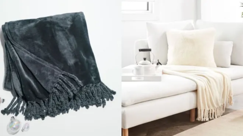 Two images of the same plush throw blanket in different colors, the first a version of the blanket in gray, the second a version of the blanket in cream, laid over a sofa.