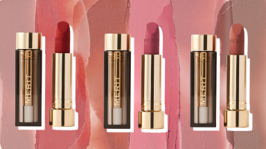 Collage of three lipsticks situated in front of lipstick swatches.