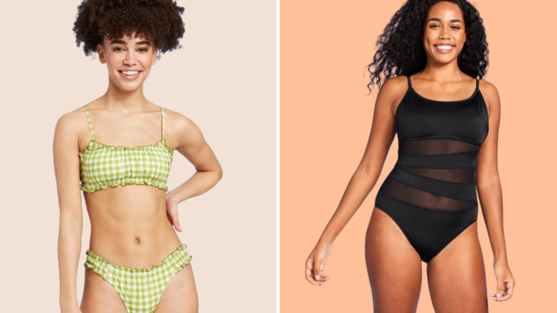 A model wearing a green gingham bikini, and another model wearing a black one-piece bathing suit.