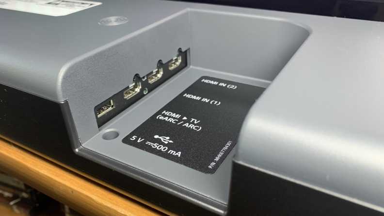 Closeup of the LG S95QR's HDMI and USB ports.