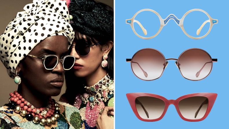Two models wearing sunglasses with very elaborate outfits and jewelry, and also three product photos of three pairs of glasses.