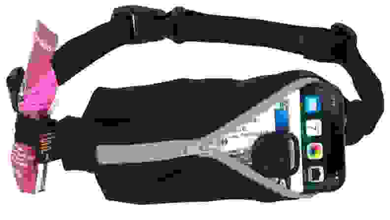 A running belt filled with a phone and energy gels.