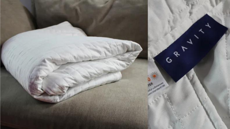 white weighted gravity blanket next to a close up on the blue tag that says gravity