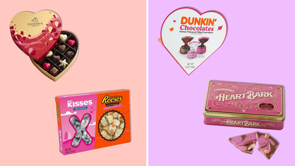 Godiva Valentine's Heart, Hershey's XO Gift Box, Dunkin' Chocolates, and Heart Bark on pink and fuchsia background.