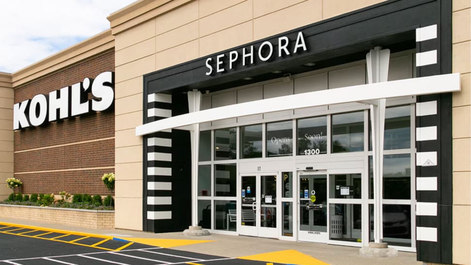 Outside of a Kohl's storefront with a Sephora beauty store inside.