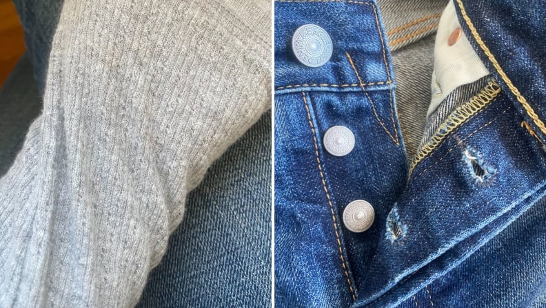A closeup of a gray shirt sleeve next to a closeup of denim buttons