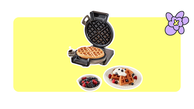 A Cuisinart waffle maker on a yellow background.