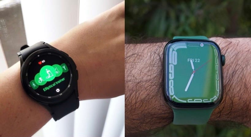 A side-by-side of the Galaxy Watch 4 and the Apple Watch Series 7.