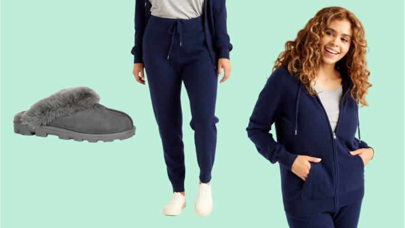 A gray slipper, a model wearing cashmere sweatpants, and a model wearing a cashmere hoodie.