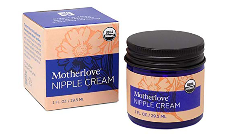 Left: A box is marked "Motherlove Nipple Cream." Right: the one-ounce jar within.