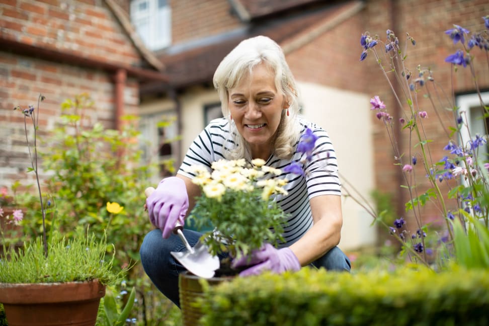 Woman crouching with hand shovel next to a pot of daisies.