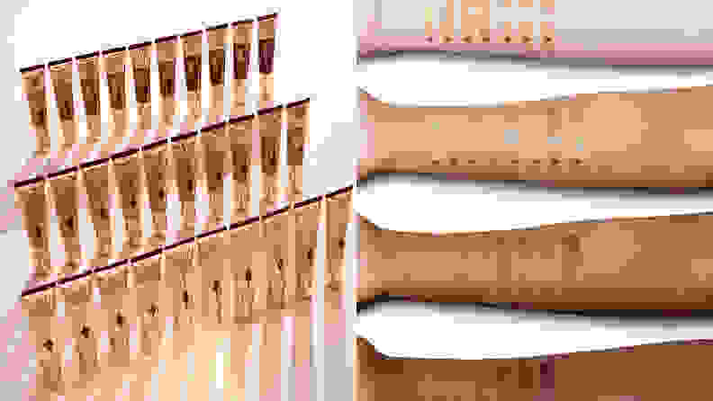 On the left: An entire range of foundations in squeeze tubes lined up in three rows. On the right: Four arms of different skin tones with swatches of foundation on each arm.