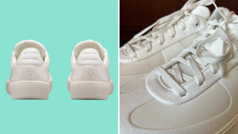 Collage of the back of the lululemon Cityverse sneaker, and a close-up of the fabrics on the upper.