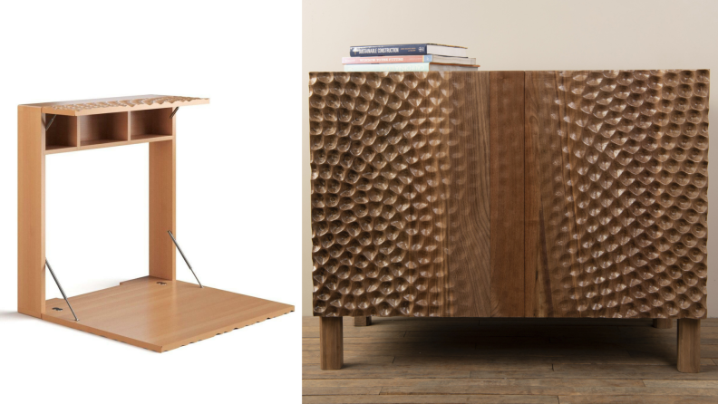 On left, beech wood gravity desk from Model No.. On right, walnut wooden Atoll credenza from Model No.