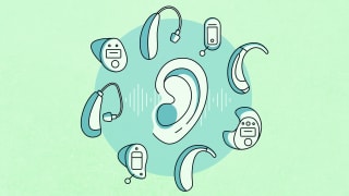 A cartoon ear in the middle of an array of assorted cartoon hearing aids.