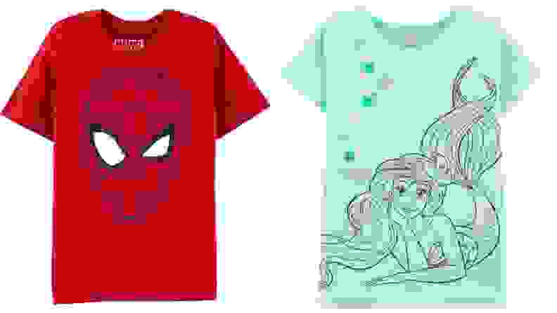 Side-by-side image of a Spider-man tee next to an Ariel tee