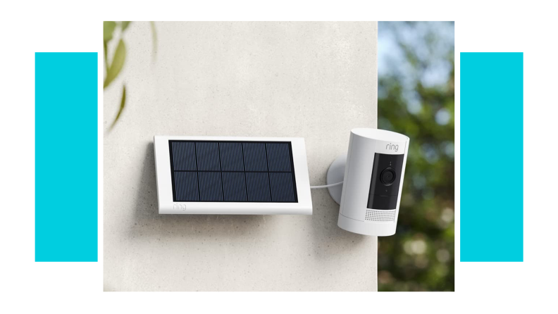 Product shot of the Ring Stick Up Cam Solar HD security camera mounted outside of home.