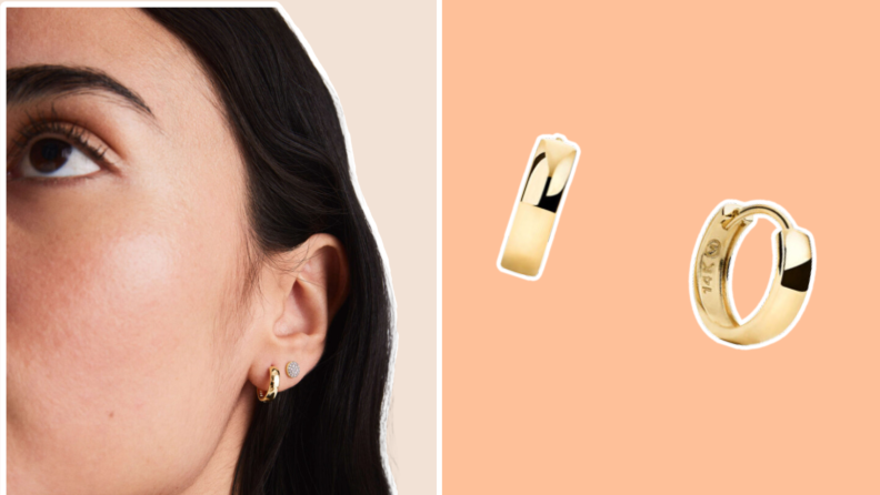 A photo collage of a close up shot of a woman's ear wearing gold Mejuri hoop earrings and a product shot of small gold pair Mejuri hoops.