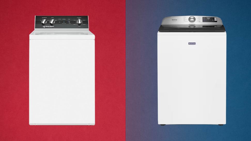 Speed Queen and Maytag top-load washers side by side on colored background