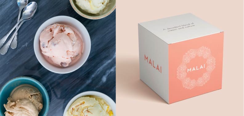 Four assorted pints of Malai Ice Cream in a styrofoam cooler.
