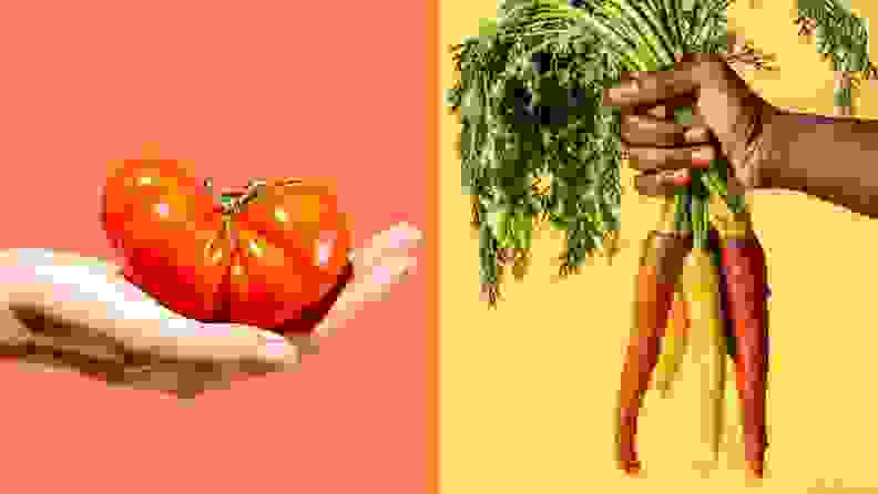On left, person hold orange heirloom tomato in hand. On right, person holds bundle of carrots in hand by their green stalk.