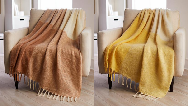 两张相同的人造马海毛毯子的图片，颜色分别是棕褐色和黄色。
