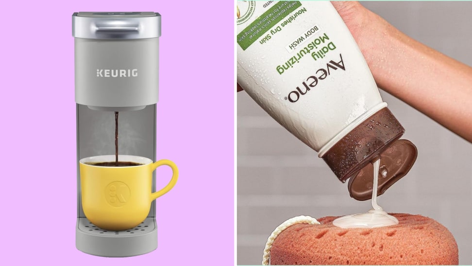 A collage with a Keurig coffee maker and Aveeno body wash.