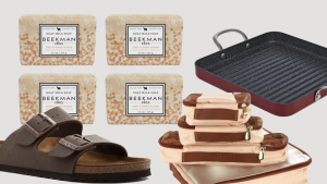 礼品指南中包含的一些产品的图片，包括肥皂、Birkenstock凉鞋、包装方块和一个烧烤锅。