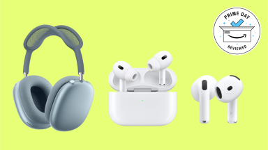 Three different Apple headphones on a yellow background