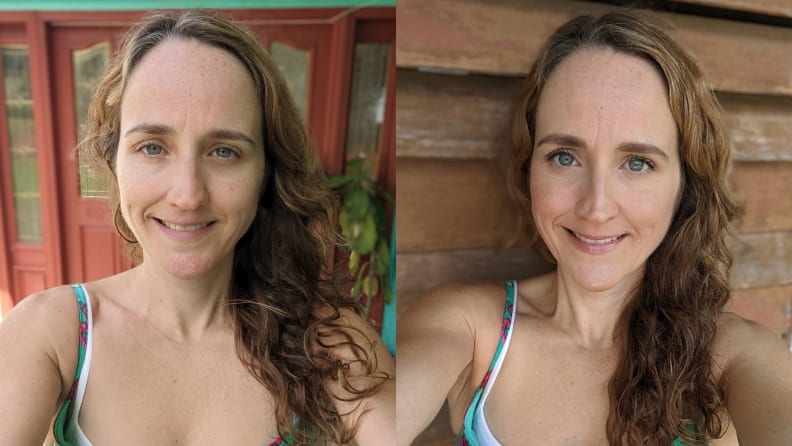 A barefaced woman in her 40s next to an image of the same woman wearing makeup