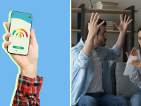 A hand holding a smartphone displaying a credit report against a blue background on the left. A stock photo of a couple arguing on the right.