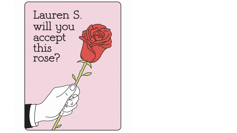 A cartoon hand holds up a flower: "Lauren S.," the lettering reads, "will you accept this rose?"
