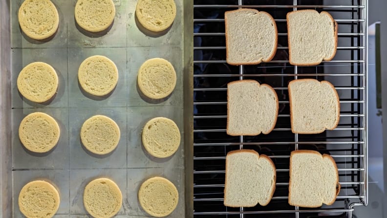 Pieces of bread and dough being cooked on the range.