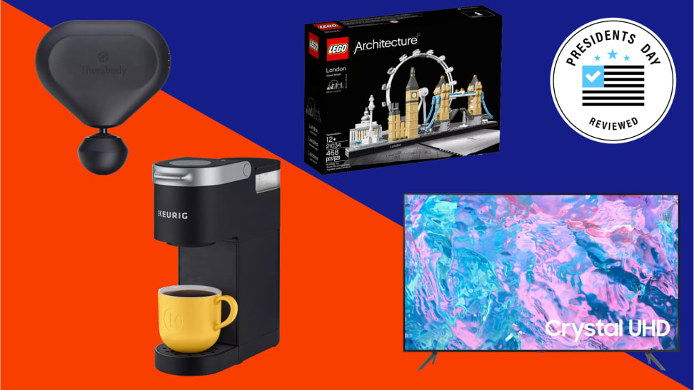 A Presidents Day collage with a massage gun, Samsung TV, Lego set, and coffee maker.