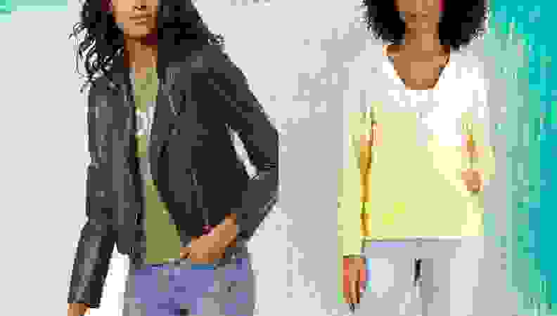 A woman in a black leather jacket next to a woman modeling a bright yellow long sleeve shirt.