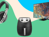 A pair of headphones, an air fryer, and a TV against a colorful background.