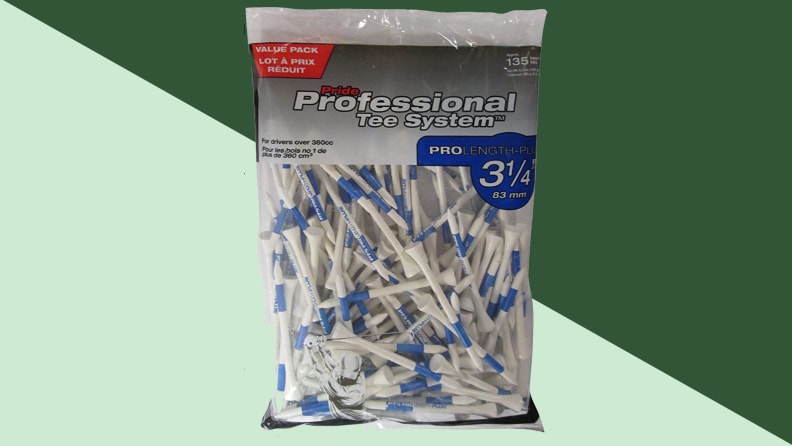 An image of a bag of golf tees in white and blue.