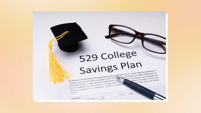 Small graduation cap next to a pair of glass and a pen on top of college savings plan.