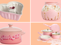 pastel pink cookware pieces on pink and orange background