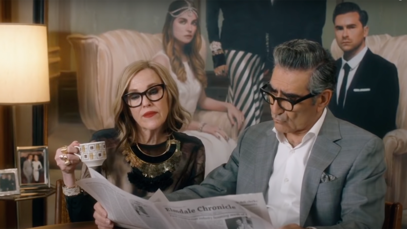 Catherine O'Hara as Moira Rose and Eugene Levy as Johnny Rose in Schitt's Creek.