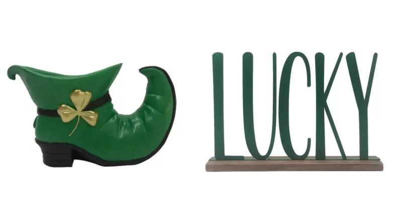 Green shoe next to a Lucky sign from Joann