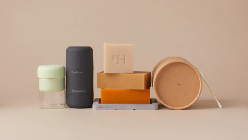 An image of several by Humankind products, including their shampoo bar.
