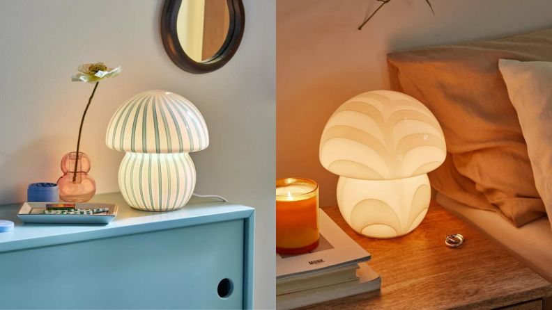 On the left, a glass lamp with turquoise stripes on top of a blue cabinet. On the right, a lamp with a cream pattern on a nightside table.