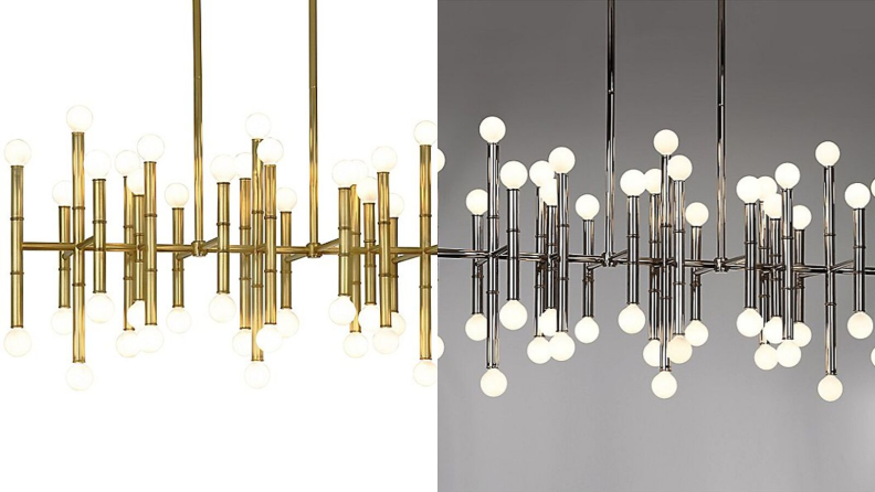 Side-by-side images of the Meurice rectangular chandelier from YLighting