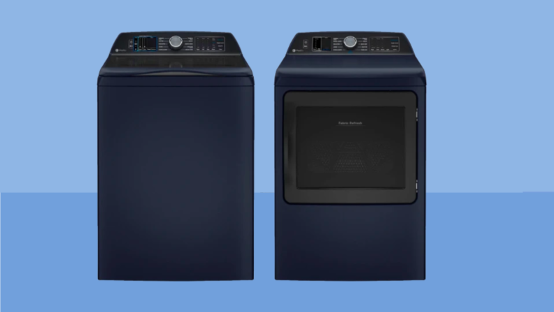 The GE Profile PTW900BPTRS washing machine and GE PTD90EBPTRS dryer side by side in a white void
