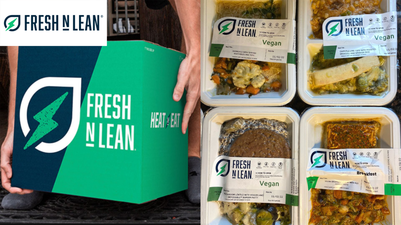 Left: hands holding a Fresh N Lean box. Right: four packaged meals laid out side by side